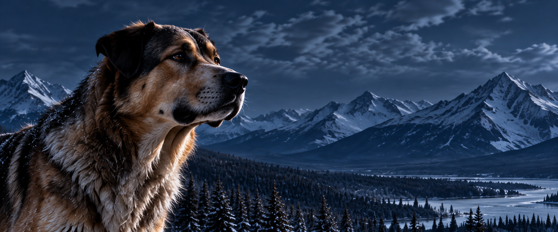 Buck, a large brown-and-black mixed-breed dog, looks across a snowy Alaskan mountain valley