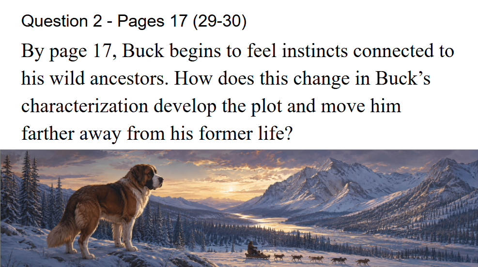Discussion prompt asking how Buck's ancestral instincts develop characterization and move the plot away from his former life