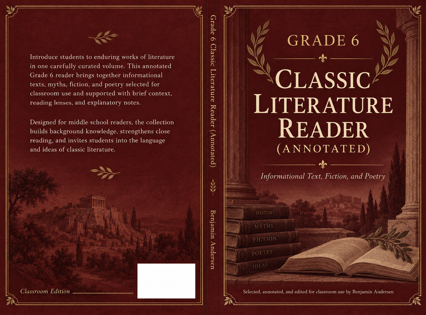 Full wraparound burgundy cover for the Grade 6 Classic Literature Reader, including the back cover, spine, and front cover